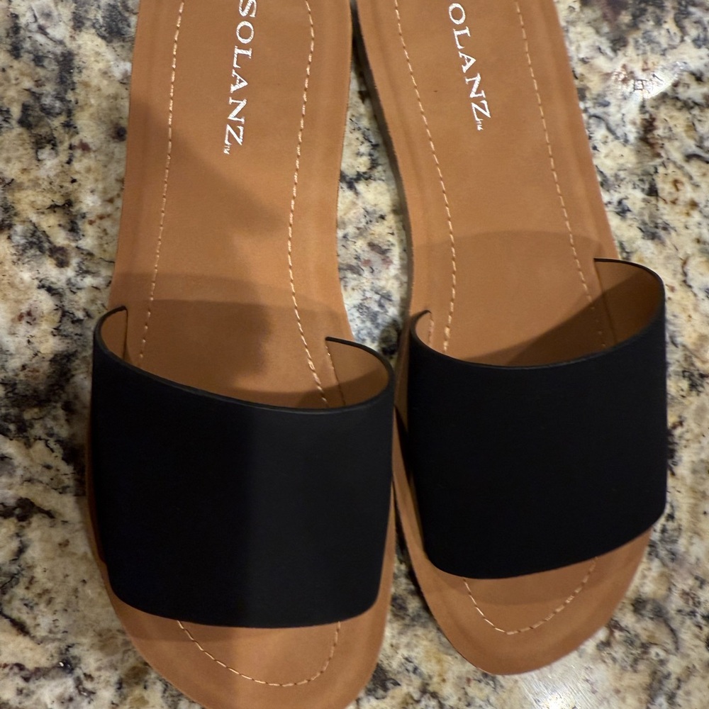 Black and Tan Slide Sandals with Wide Strap